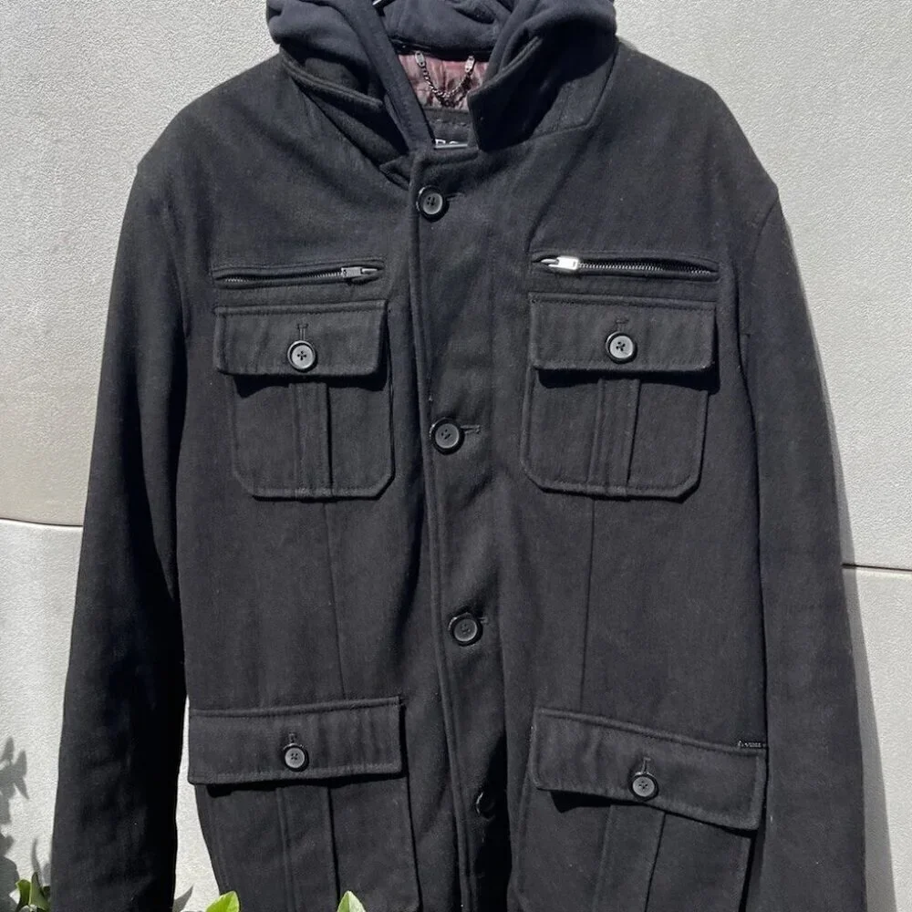 Vintage Guess Men’s Sz L Wool Long Pea Coat Black Full Zip Quilted Lining Hood